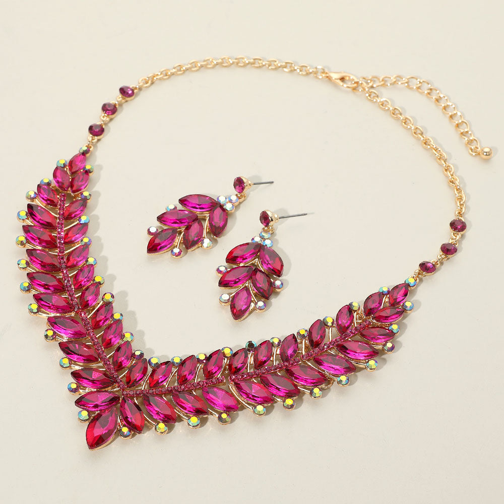 Madeline Love Fuchsia, Gold Marquise Stone Cluster Embellished Evening Necklace