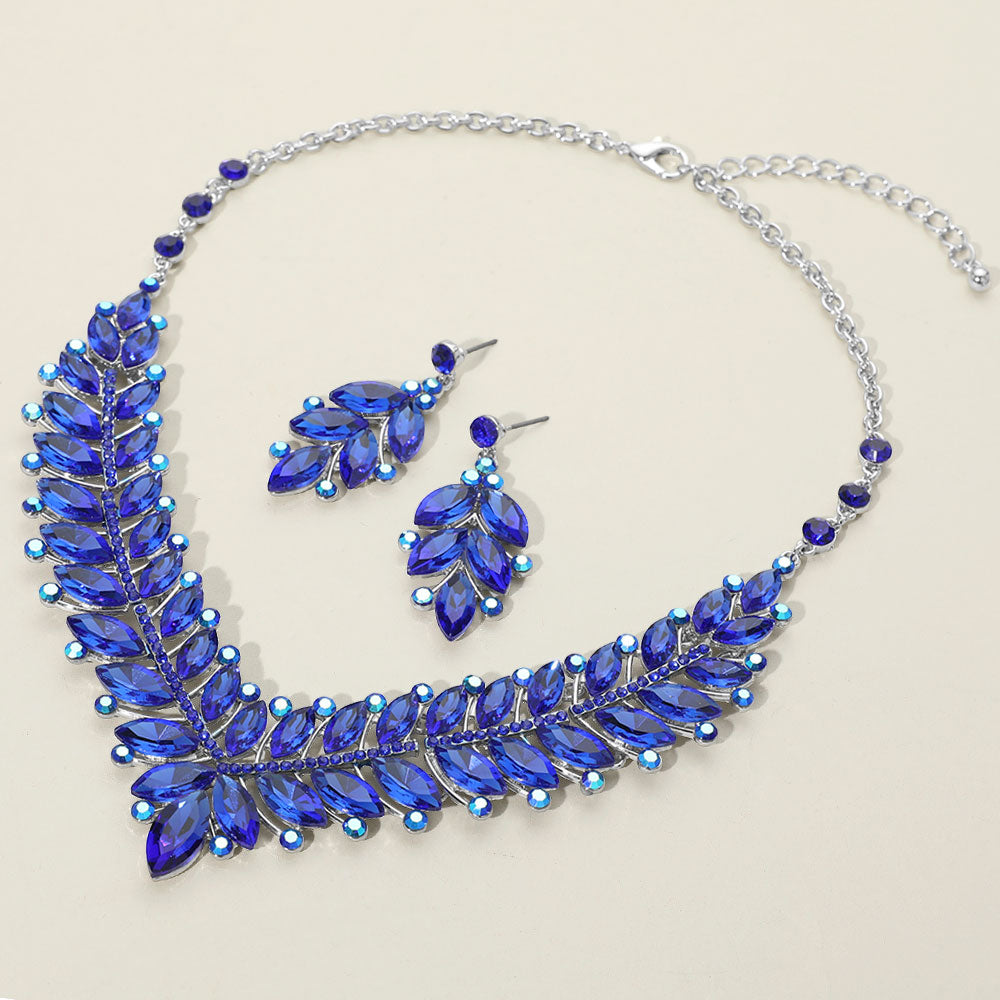 Madeline Love Rhodium, Royal Blue Marquise Stone Cluster Embellished Evening Necklace