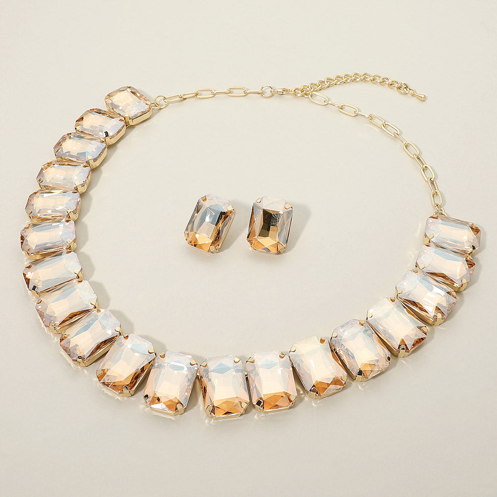 Madeline Love Champagne, Gold Emerald Cut Stone Collar Evening Necklace