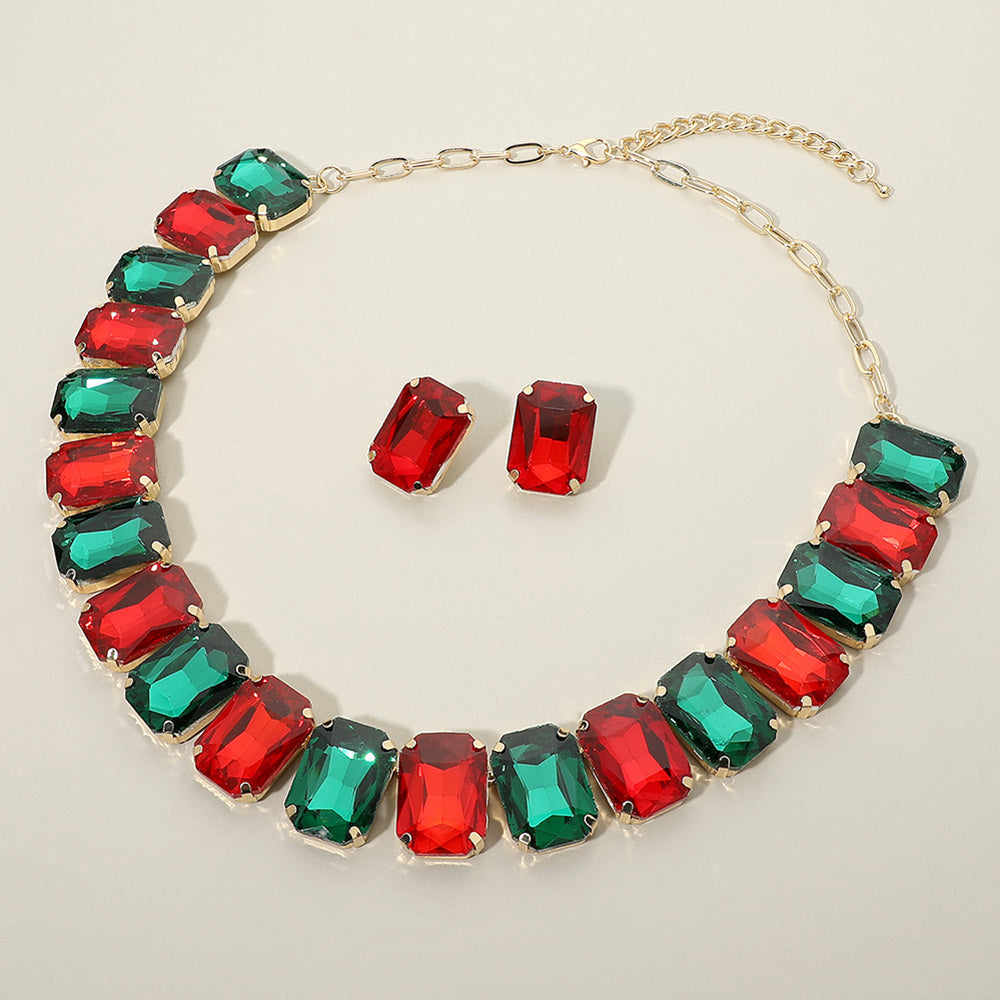 Madeline Love Gold, Green, Red Emerald Cut Stone Collar Evening Necklace