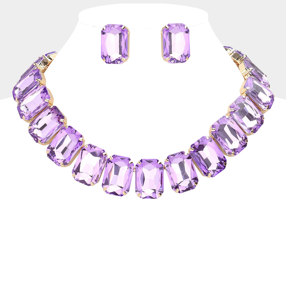 Madeline Love Gold, Lavender Emerald Cut Stone Collar Evening Necklace