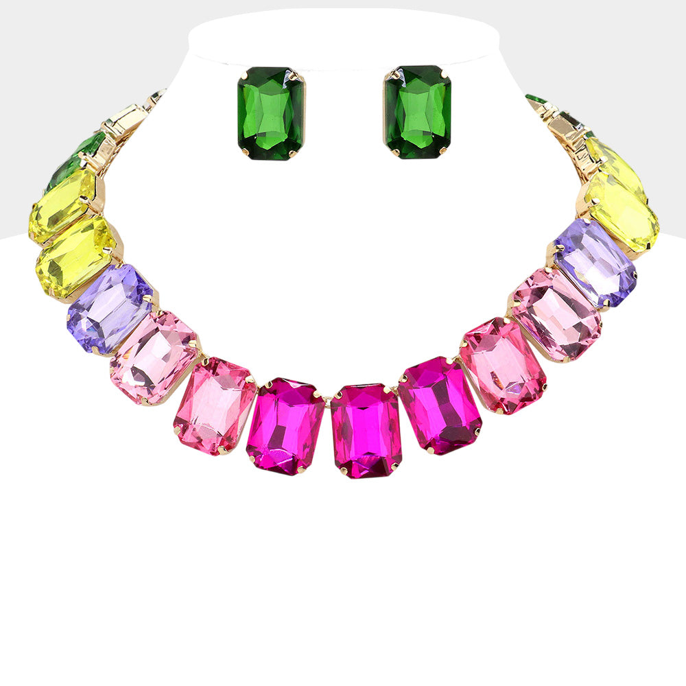 Madeline Love Multi Emerald Cut Stone Collar Evening Necklace