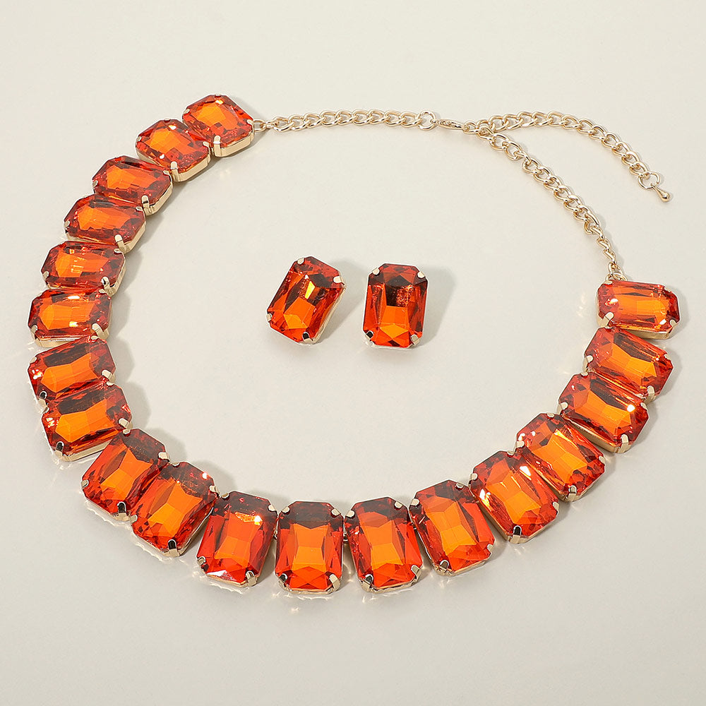 Madeline Love Gold, Orange Emerald Cut Stone Collar Evening Necklace
