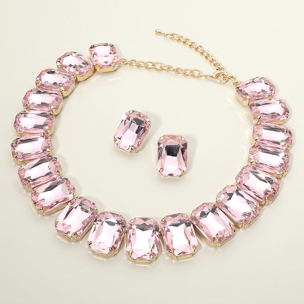 Madeline Love Gold, Pink Emerald Cut Stone Collar Evening Necklace