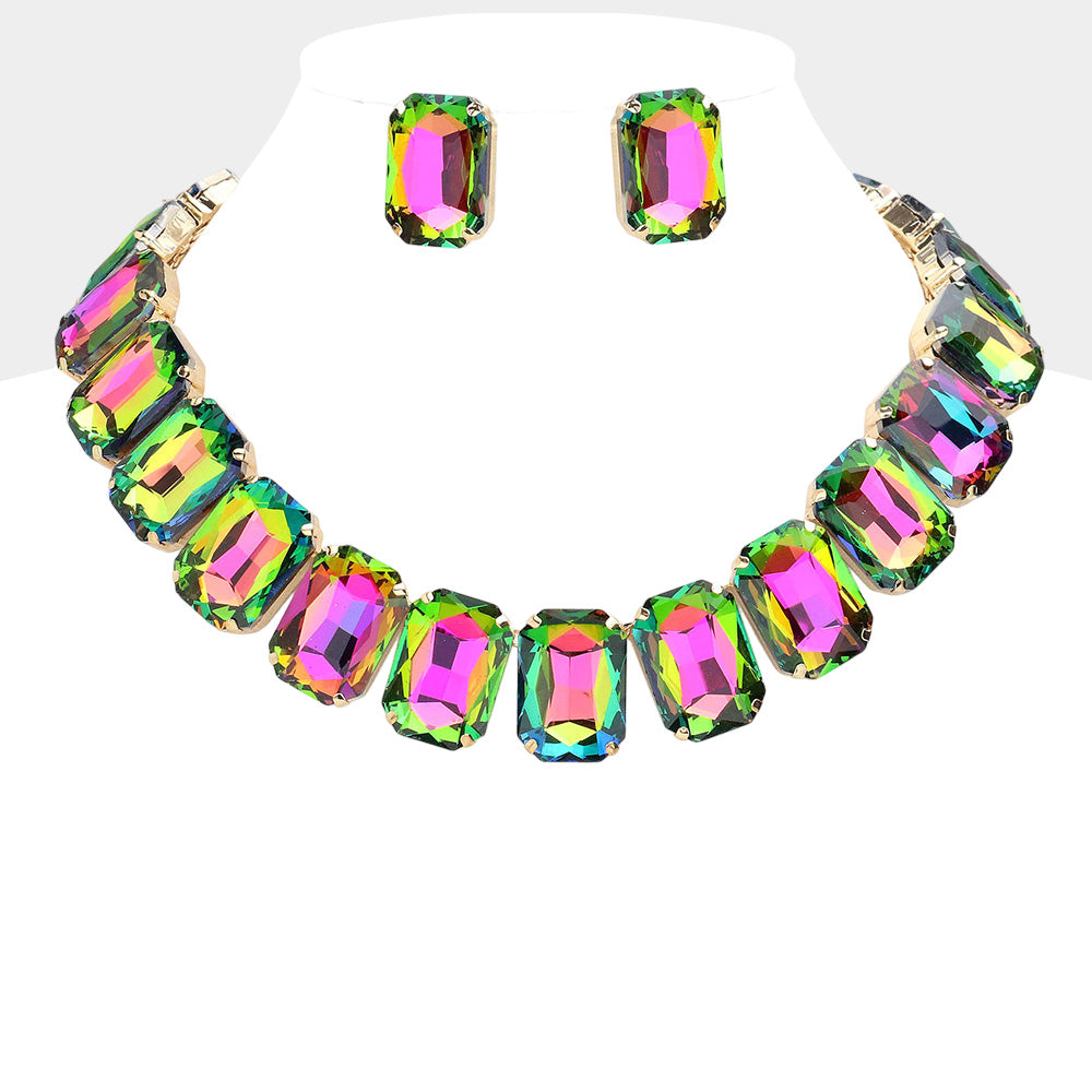 Madeline Love Gold Emerald Cut Stone Collar Evening Necklace