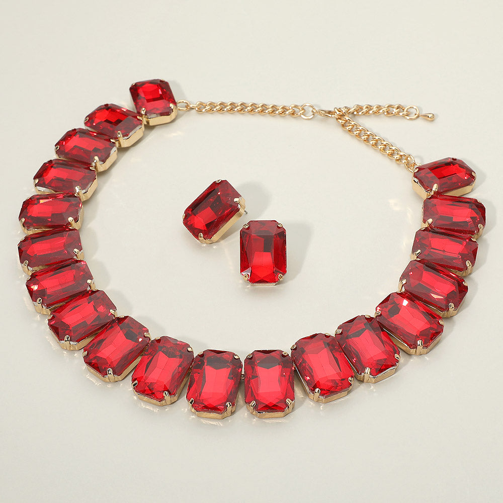 Madeline Love Gold, Red Emerald Cut Stone Collar Evening Necklace