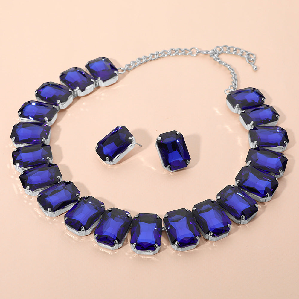 Madeline Love Rhodium, Royal Blue Emerald Cut Stone Collar Evening Necklace