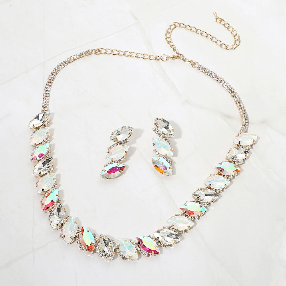 Madeline Love AB, Gold Marquise Gem Cluster Link Evening Necklace