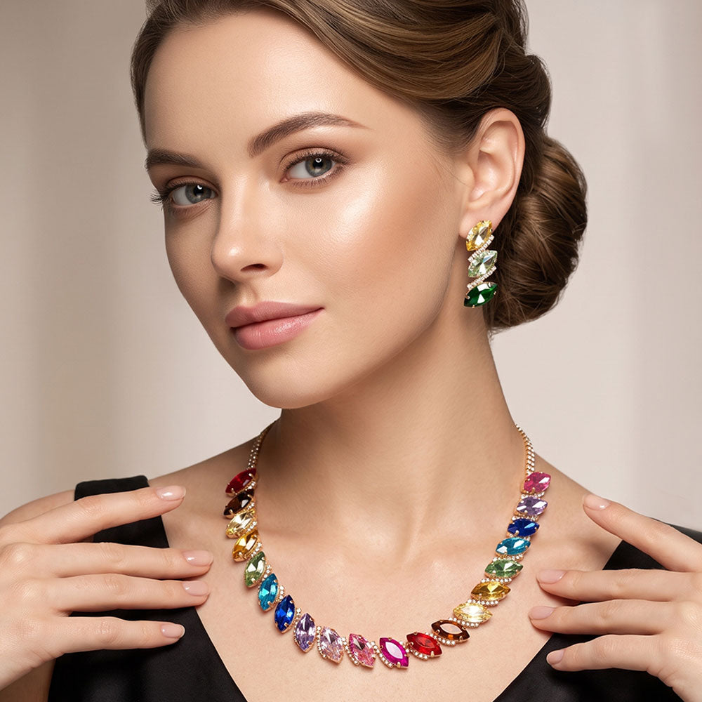 Madeline Love Gold, Multi Marquise Gem Cluster Link Evening Necklace