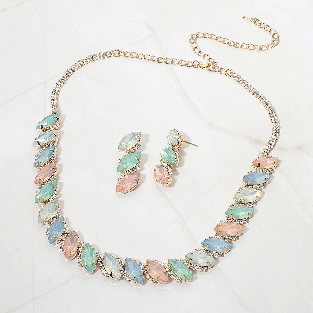 Madeline Love Gold, Multi, Opal Marquise Gem Cluster Link Evening Necklace