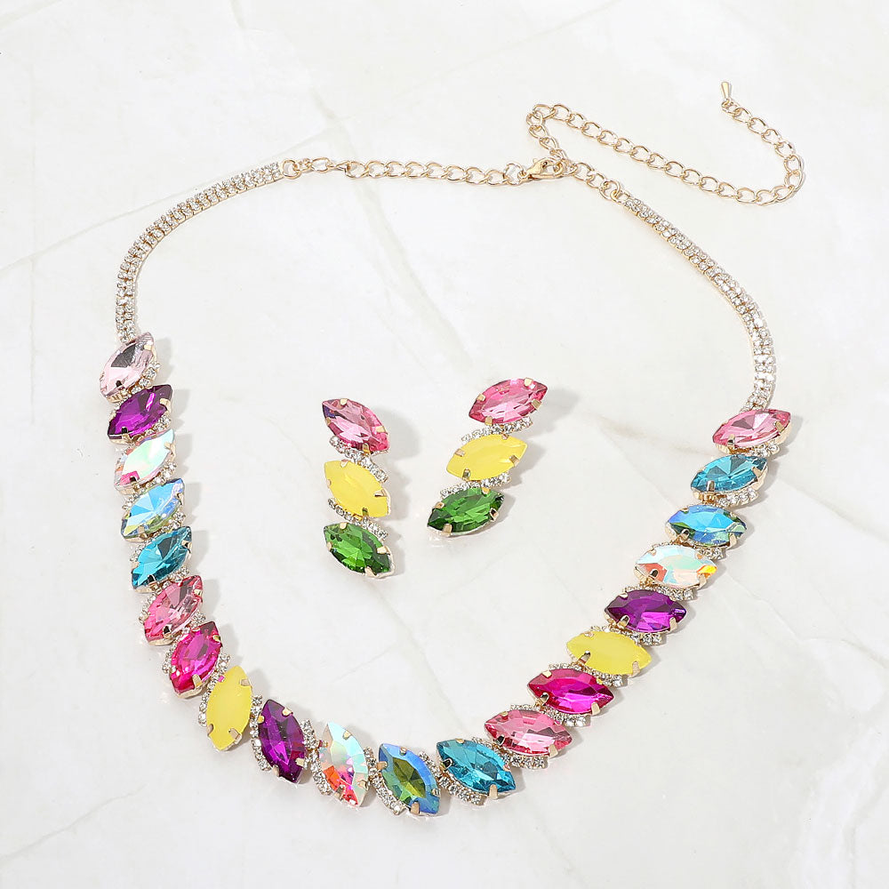 Madeline Love Gold, Light, Multi Marquise Gem Cluster Link Evening Necklace