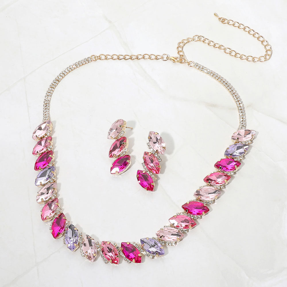 Madeline Love Gold, Pink Marquise Gem Cluster Link Evening Necklace