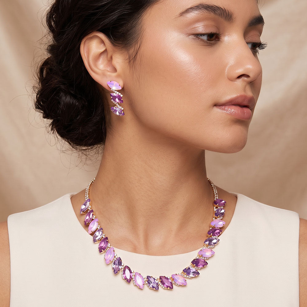 Madeline Love Gold, Purple Marquise Gem Cluster Link Evening Necklace