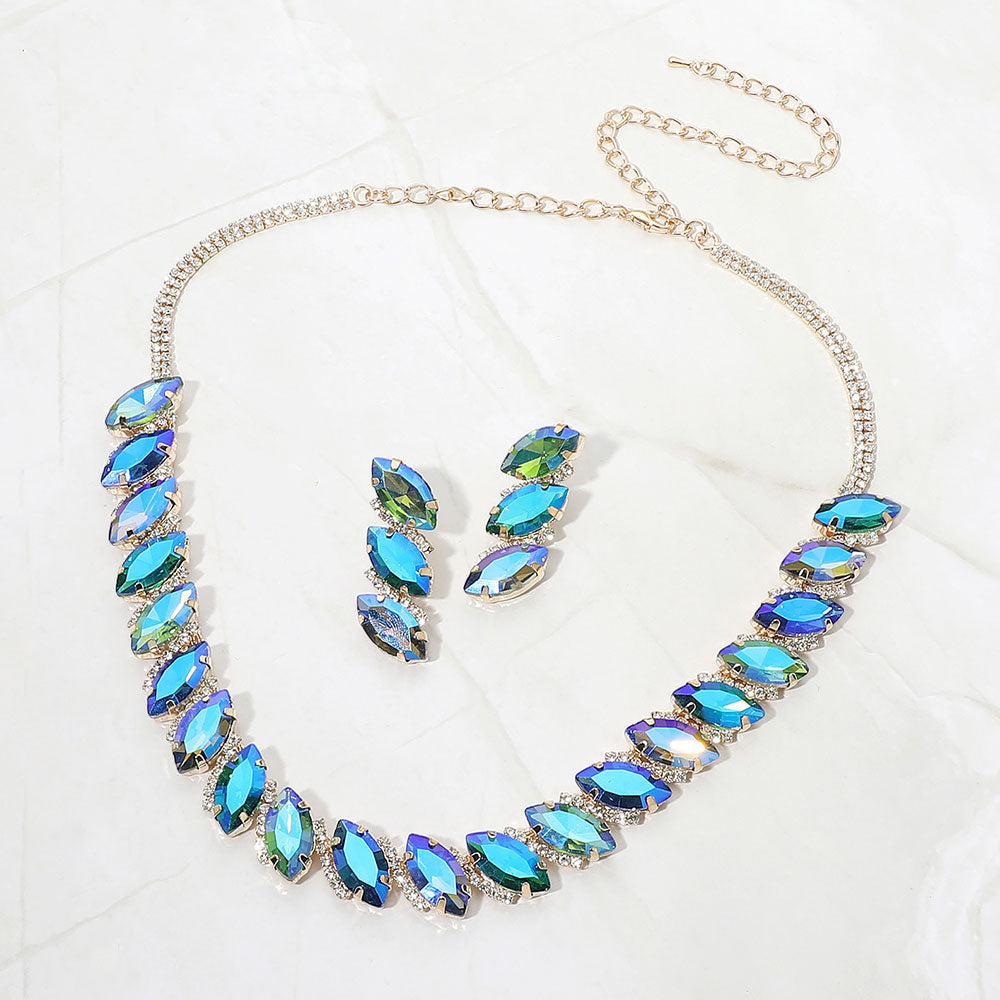 Madeline Love Gold, Royal Blue Marquise Gem Cluster Link Evening Necklace