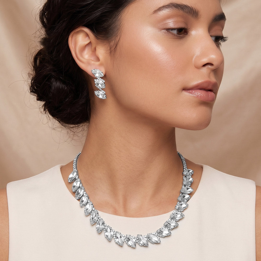 Madeline Love Rhodium Marquise Gem Cluster Link Evening Necklace