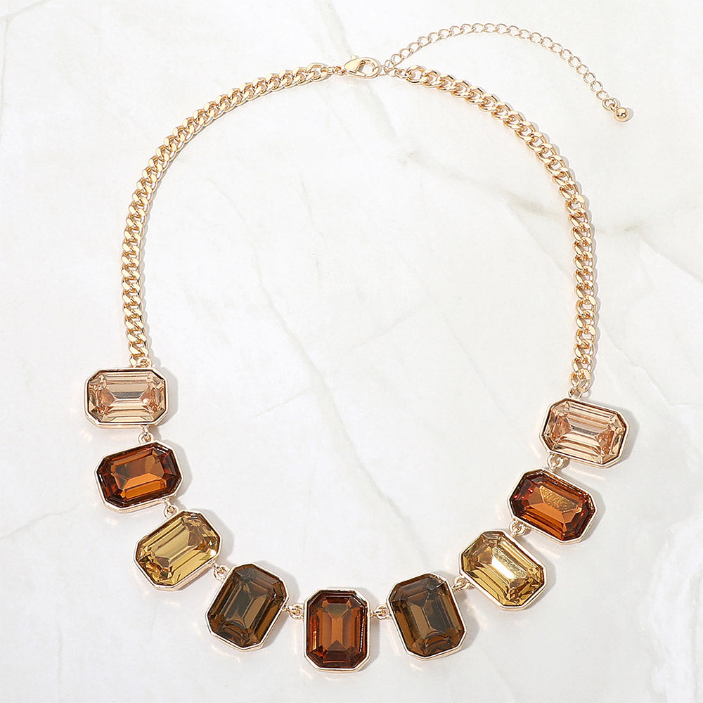 Madeline Love Brown, Gold Emerald Cut Stone Cluster Link Necklace