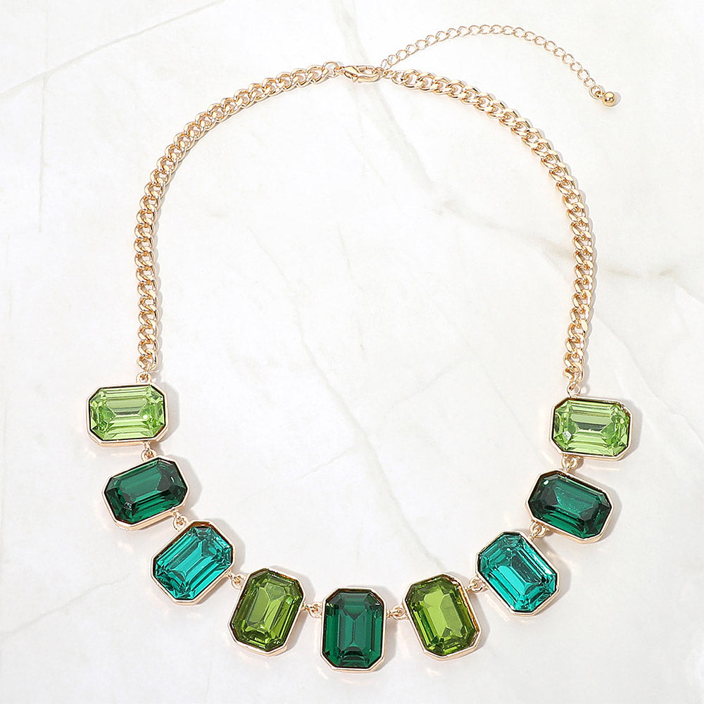 Madeline Love Gold, Green Emerald Cut Stone Cluster Link Necklace