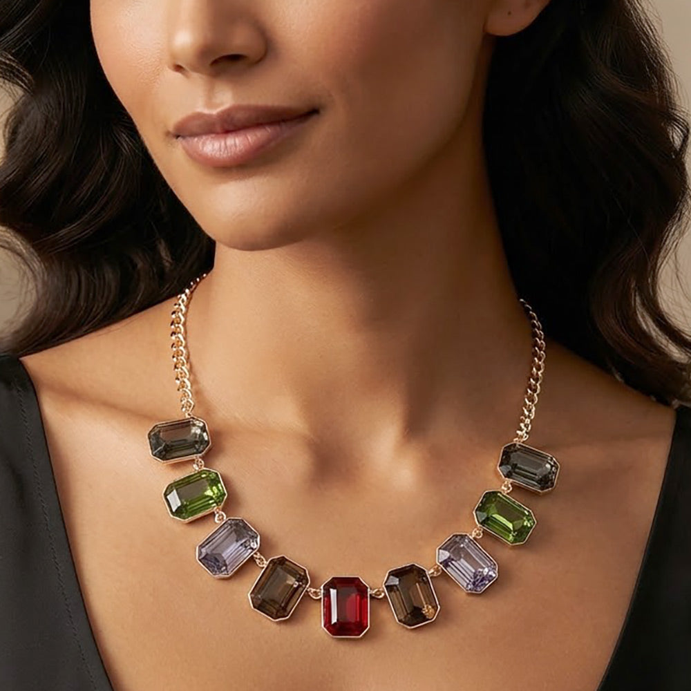 Madeline Love Gold, Multi Emerald Cut Stone Cluster Link Necklace