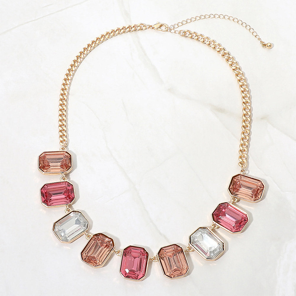 Madeline Love Gold, Pink Emerald Cut Stone Cluster Link Necklace