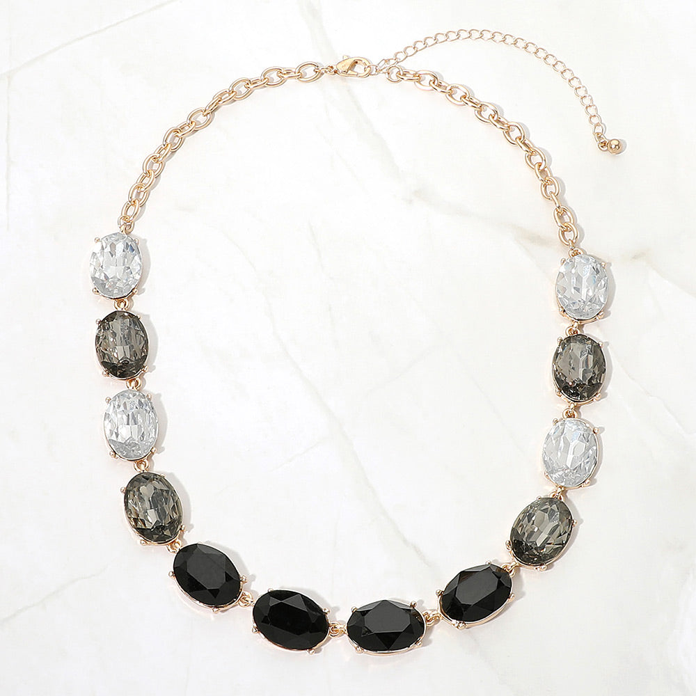 Madeline Love Black, Gold Faceted Oval Stone Cluster Link Evening Necklace