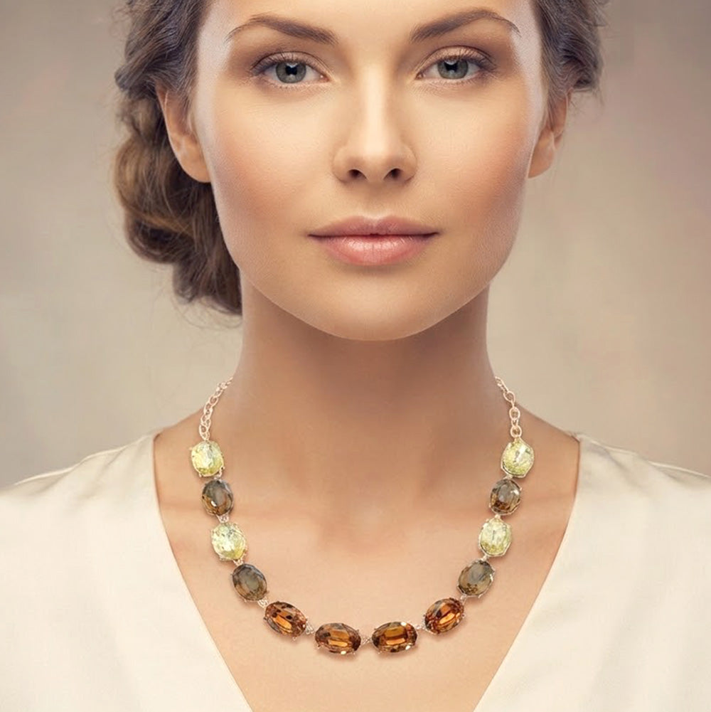 Madeline Love Brown, Gold Faceted Oval Stone Cluster Link Evening Necklace