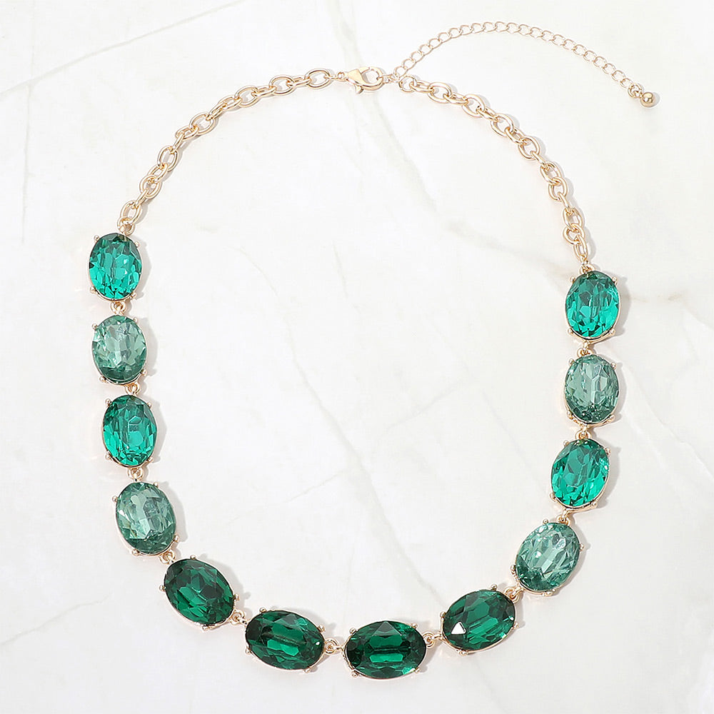 Madeline Love Gold, Green Faceted Oval Stone Cluster Link Evening Necklace