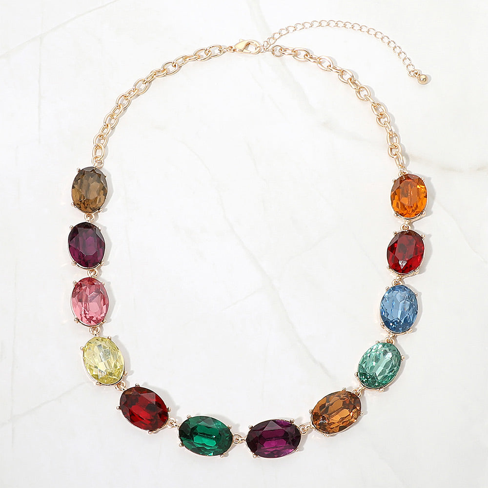 Madeline Love Gold, Multi Faceted Oval Stone Cluster Link Evening Necklace