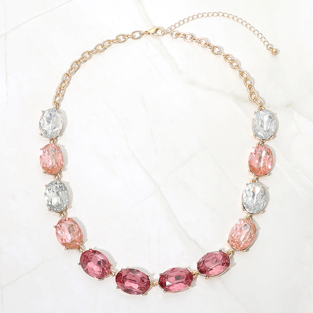 Madeline Love Gold, Pink Faceted Oval Stone Cluster Link Evening Necklace