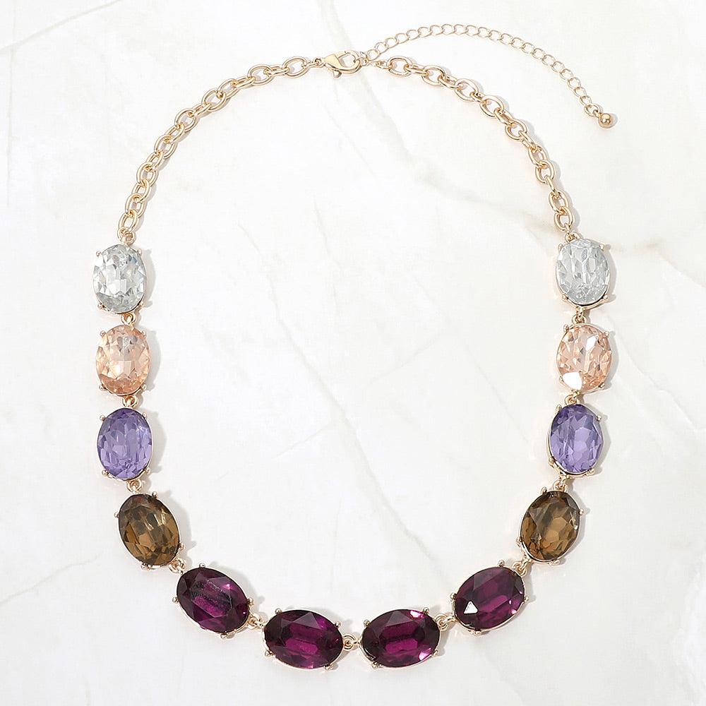 Madeline Love Gold, Purple Faceted Oval Stone Cluster Link Evening Necklace