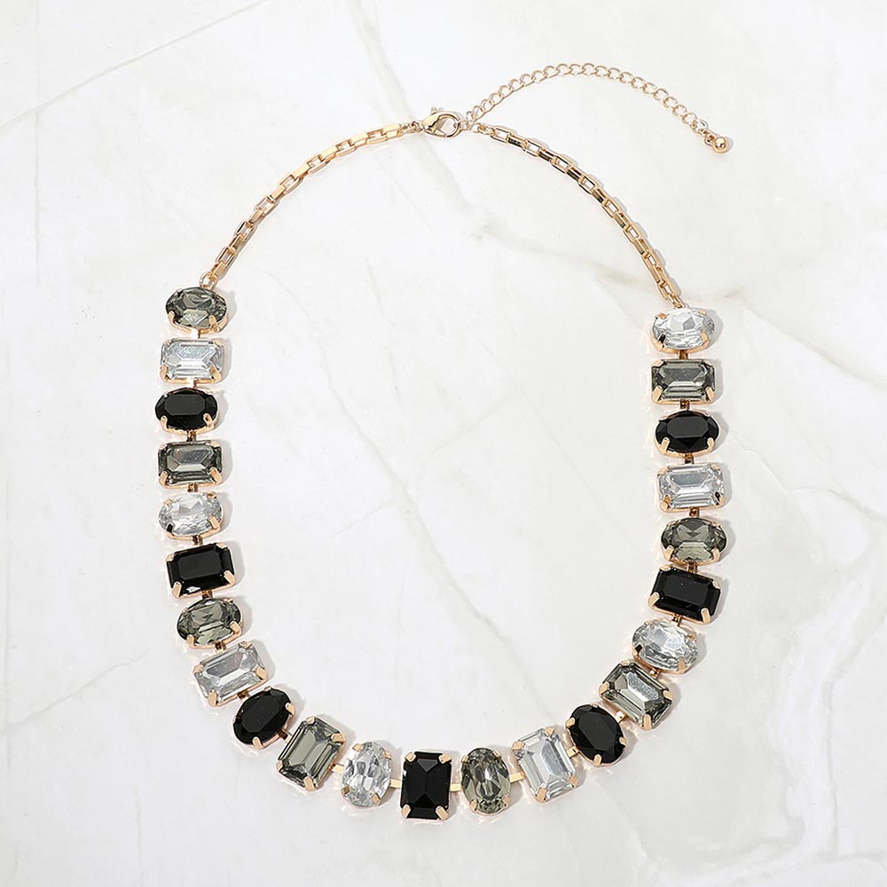 Madeline Love Black, Gold Faceted Oval Rectangular Stone Cluster Link Necklace
