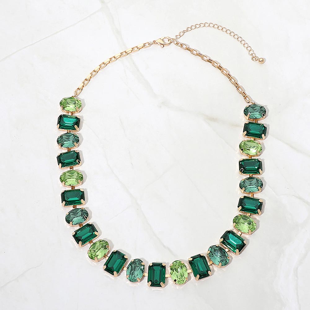 Madeline Love Gold, Green Faceted Oval Rectangular Stone Cluster Link Necklace