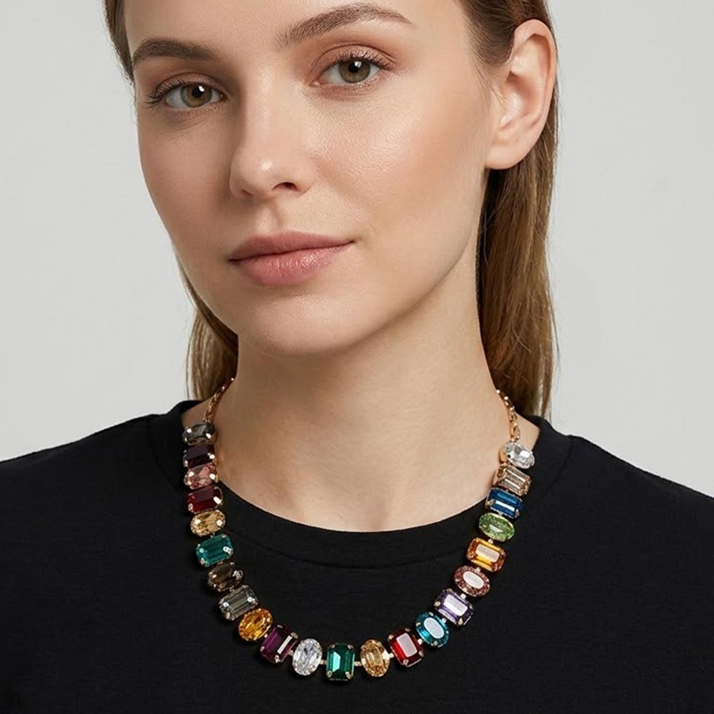 Madeline Love Gold, Multi Faceted Oval Rectangular Stone Cluster Link Necklace
