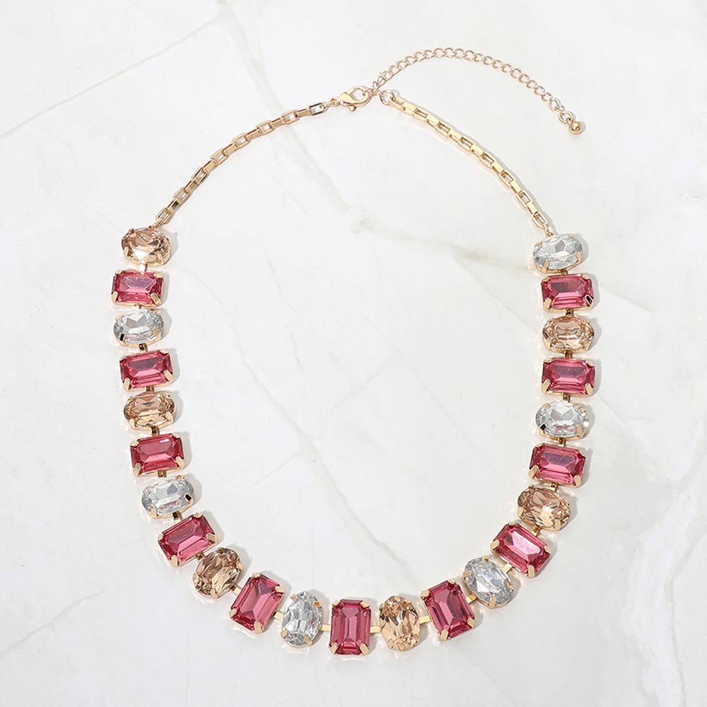 Madeline Love Gold, Pink Faceted Oval Rectangular Stone Cluster Link Necklace