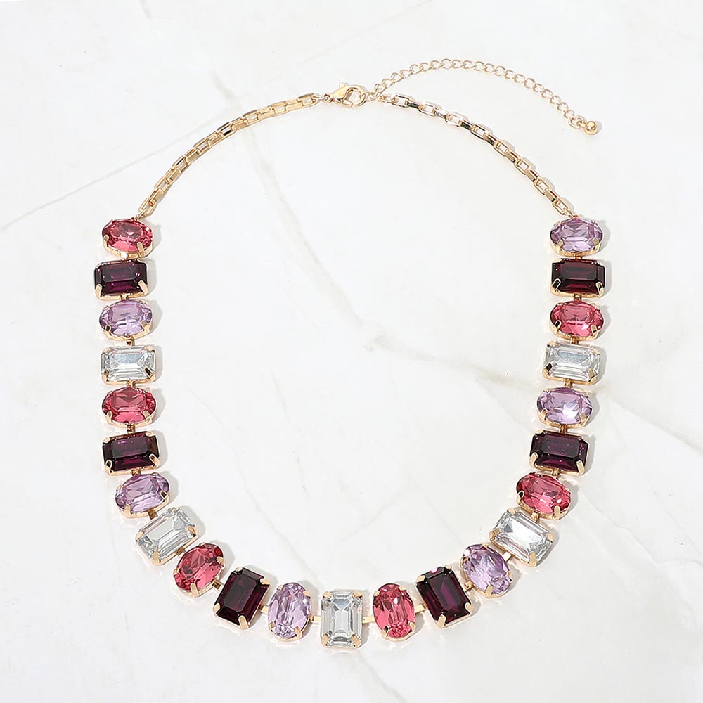 Madeline Love Gold, Purple Faceted Oval Rectangular Stone Cluster Link Necklace