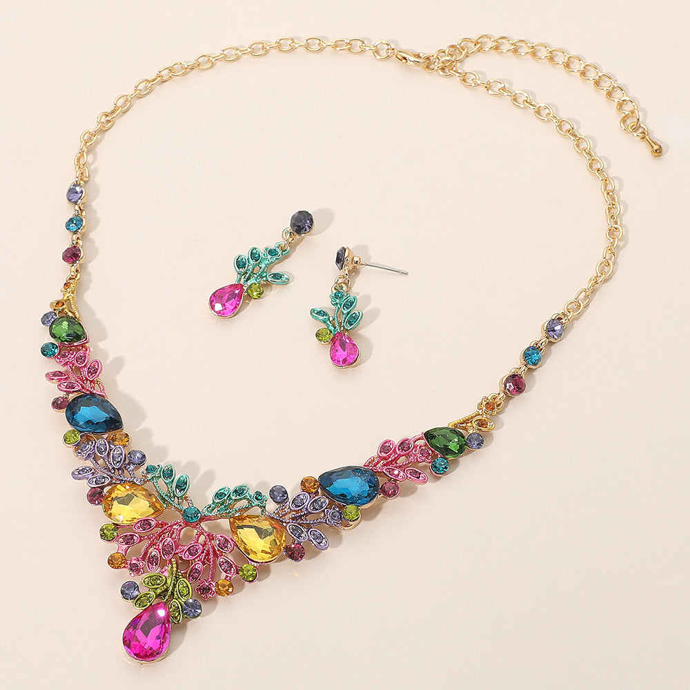 Madeline Love Gold, Multi Teardrop Stone Cluster Embellished Branch Evening Necklace