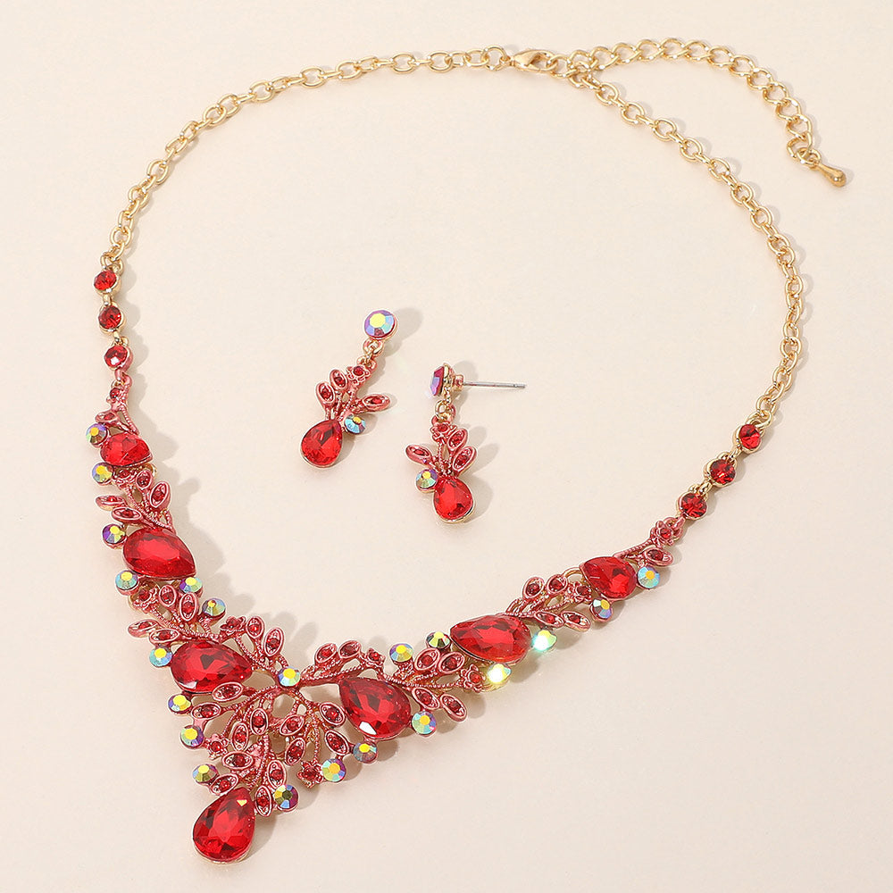 Madeline Love Gold, Red Teardrop Stone Cluster Embellished Branch Evening Necklace