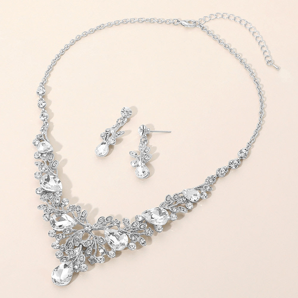 Madeline Love Clear, Rhodium Teardrop Stone Cluster Embellished Branch Evening Necklace