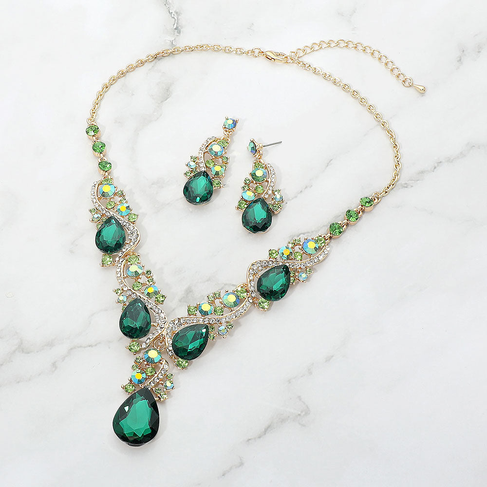 Madeline Love Gold, Lime Teardrop Stone Embellished Rhinestone Vine Evening Necklace