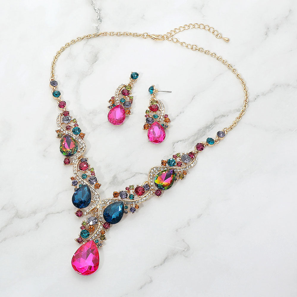 Madeline Love Gold, Multi Teardrop Stone Embellished Rhinestone Vine Evening Necklace