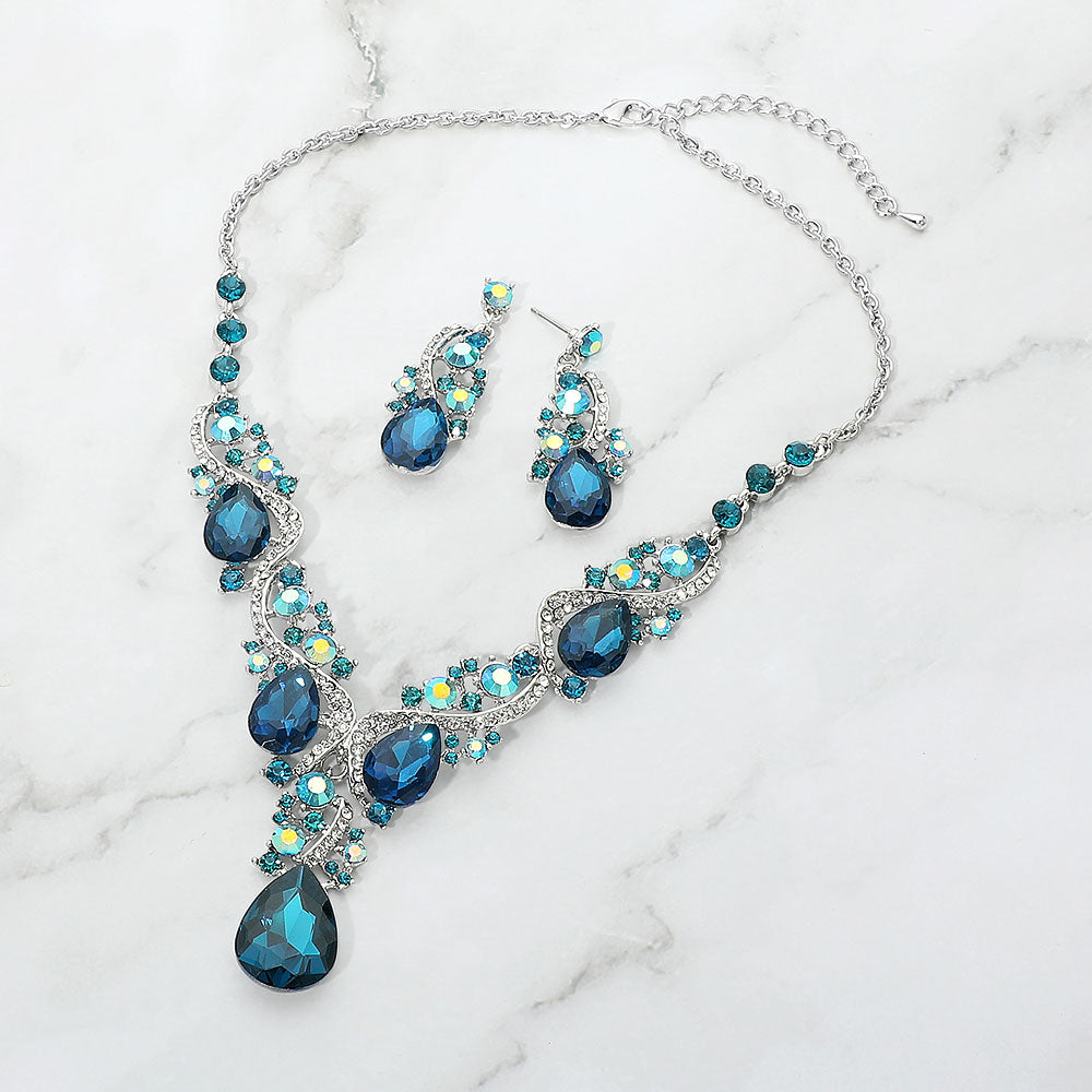 Madeline Love Blue Zircon, Rhodium Teardrop Stone Embellished Rhinestone Vine Evening Necklace