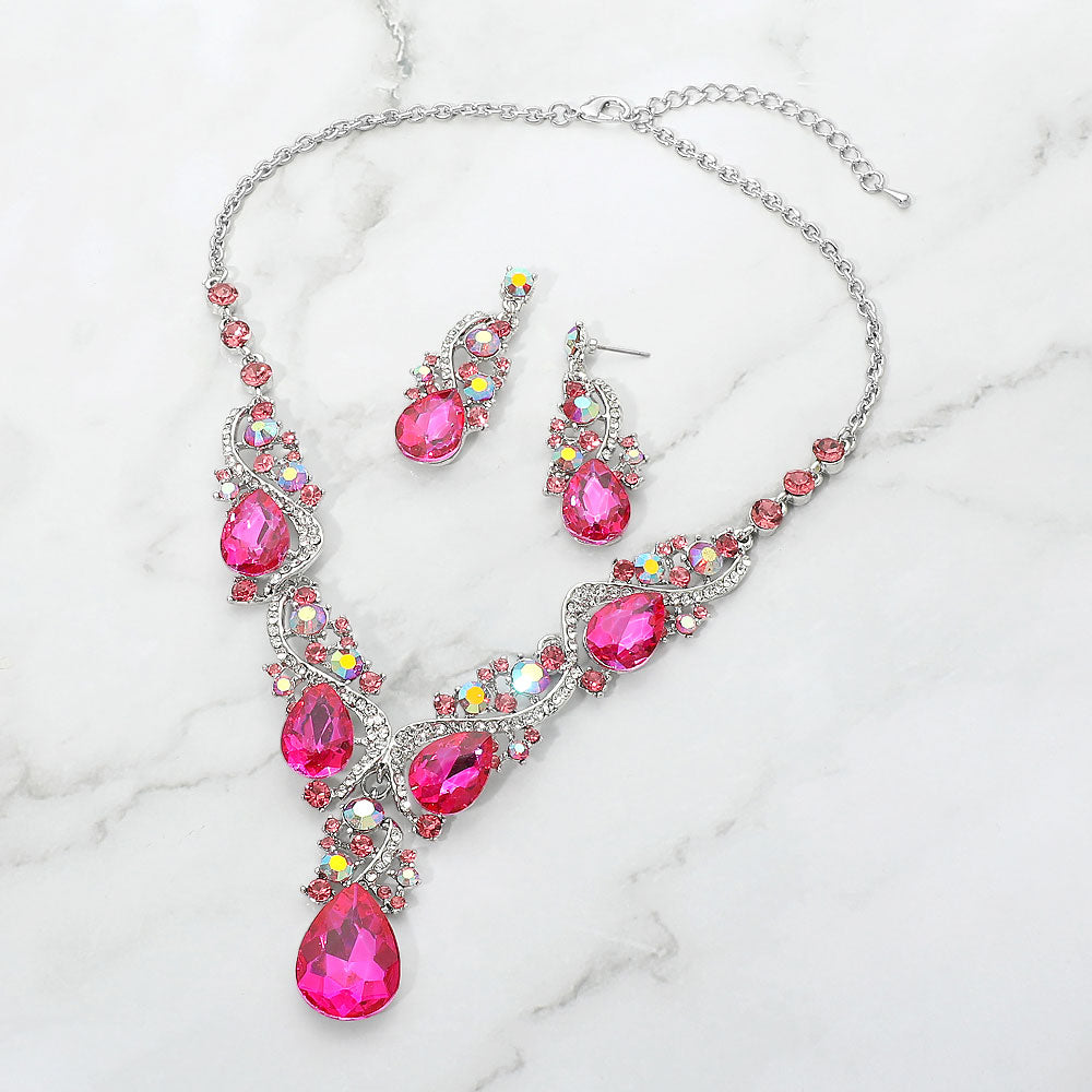 Madeline Love Fuchsia, Rhodium Teardrop Stone Embellished Rhinestone Vine Evening Necklace