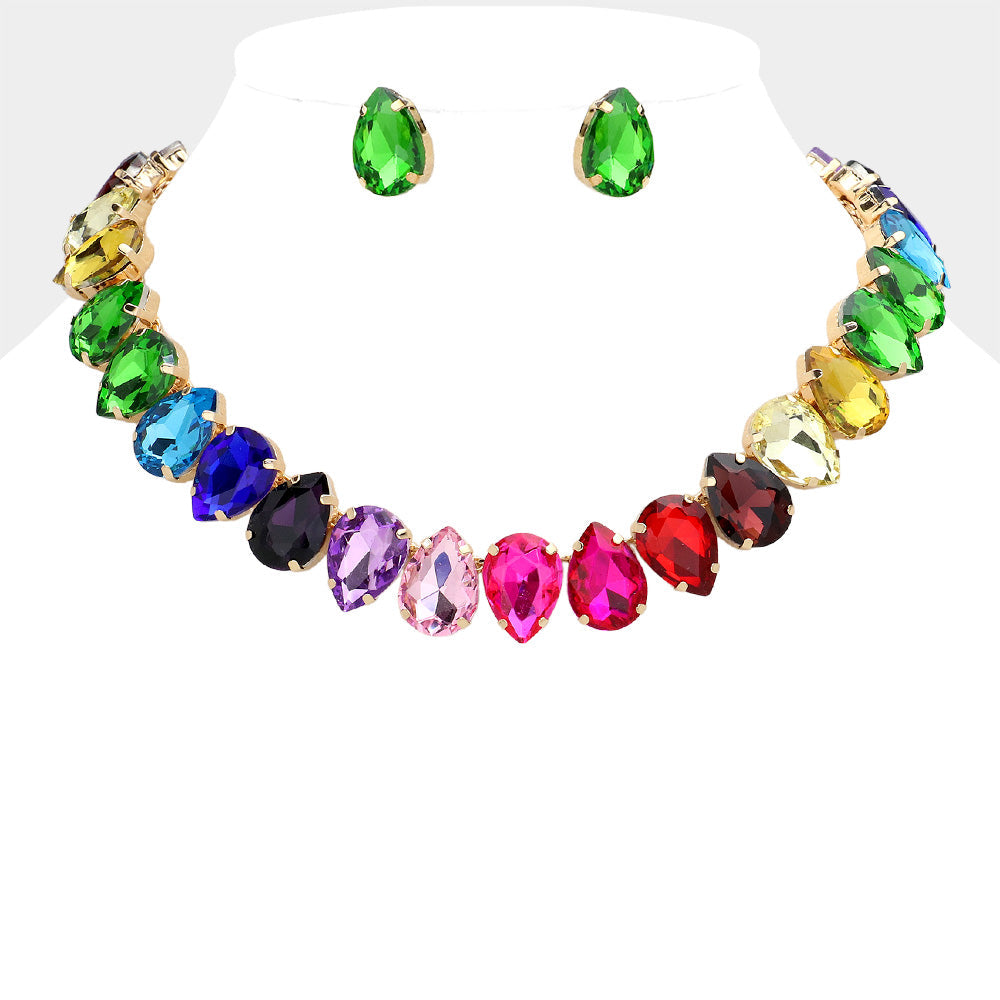 Madeline Love Gold, Multi Teardrop Stone Cluster Link Evening Necklace