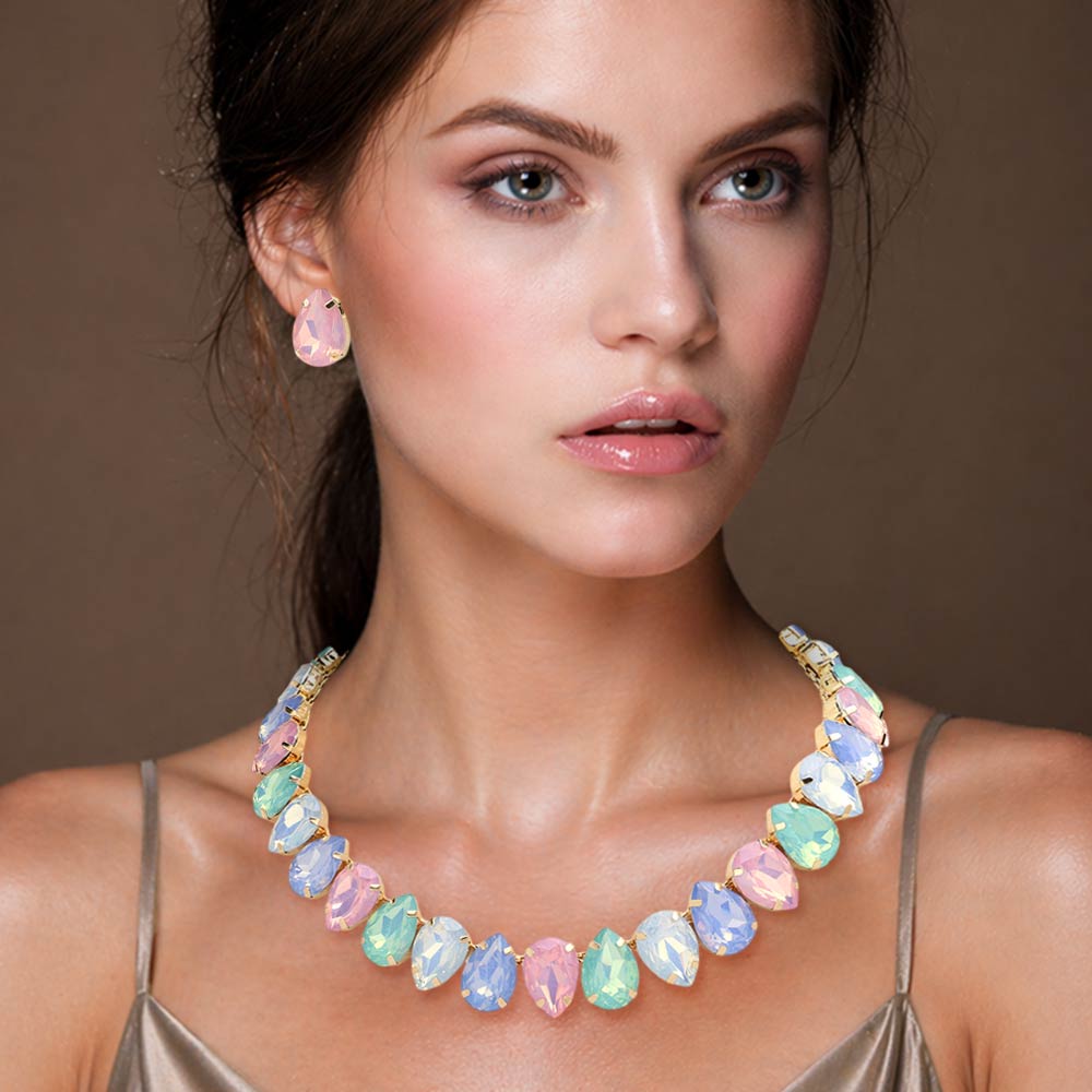 Madeline Love Gold, Multi Teardrop Stone Cluster Link Evening Necklace