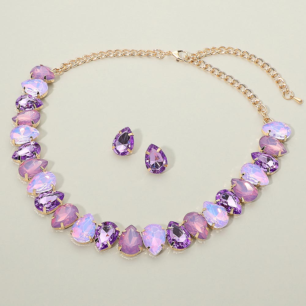 Madeline Love Gold, Purple Teardrop Stone Cluster Link Evening Necklace