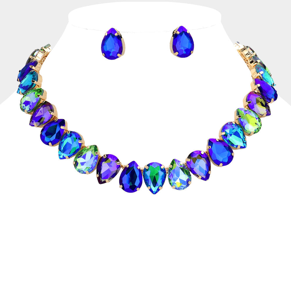 Madeline Love Gold, Royal Blue Teardrop Stone Cluster Link Evening Necklace