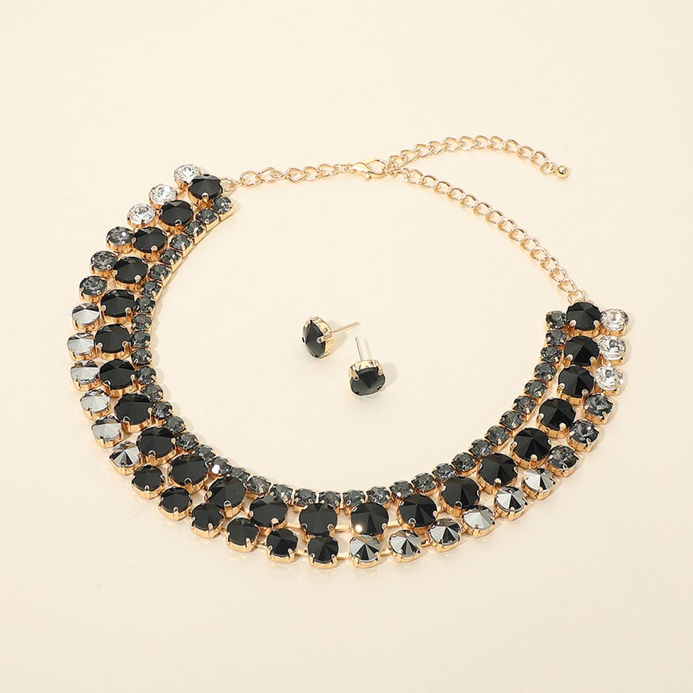 Madeline Love Black, Gold 3-Row Round Stone Cluster Evening Statement Necklace
