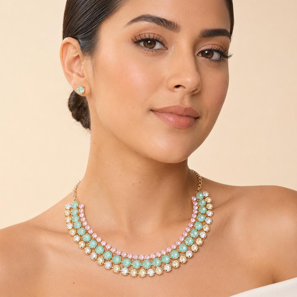 Madeline Love Gold, Multi 3-Row Round Stone Cluster Evening Statement Necklace