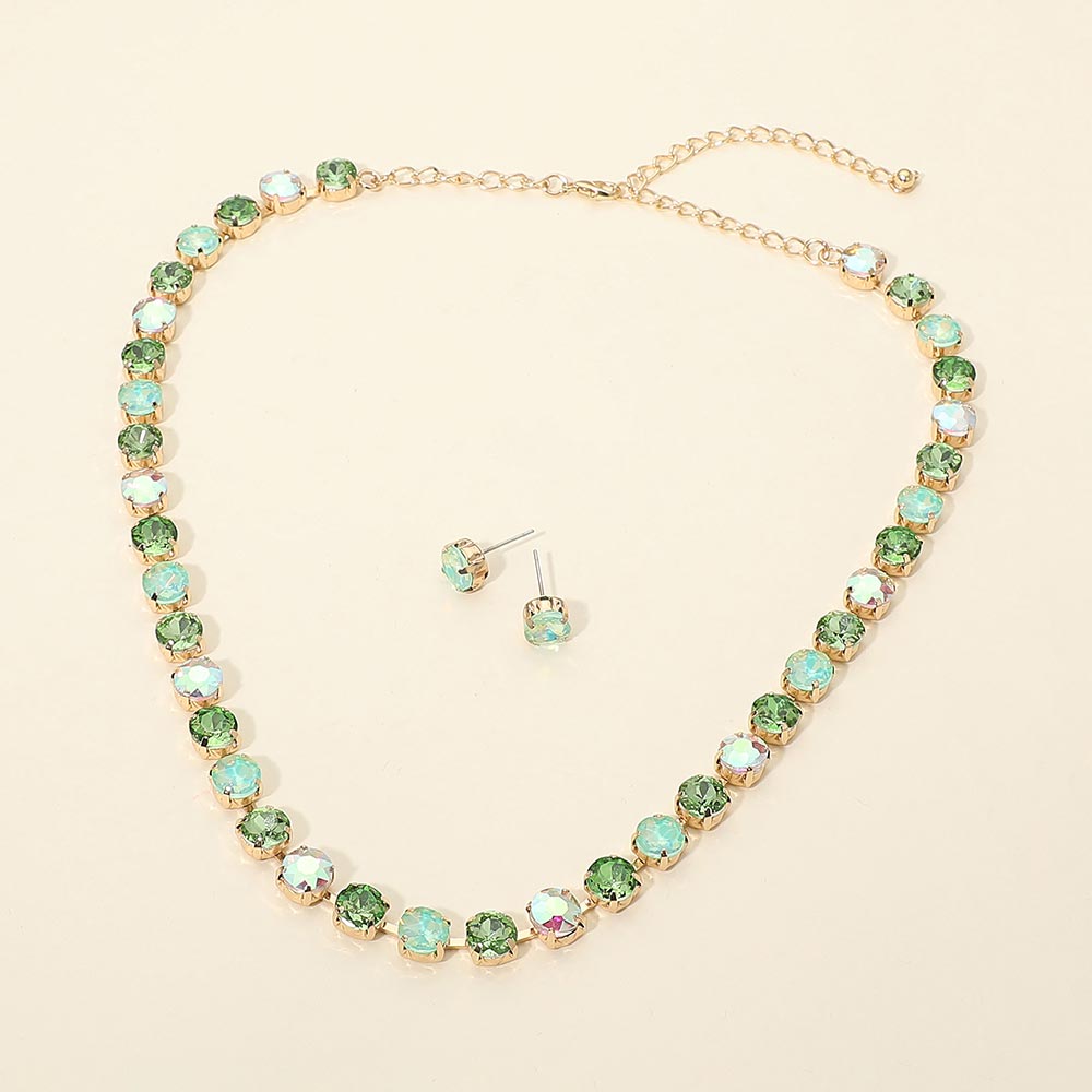 Madeline Love Gold, Mint Round Stone Cluster Link Tennis Chain Evening Necklace