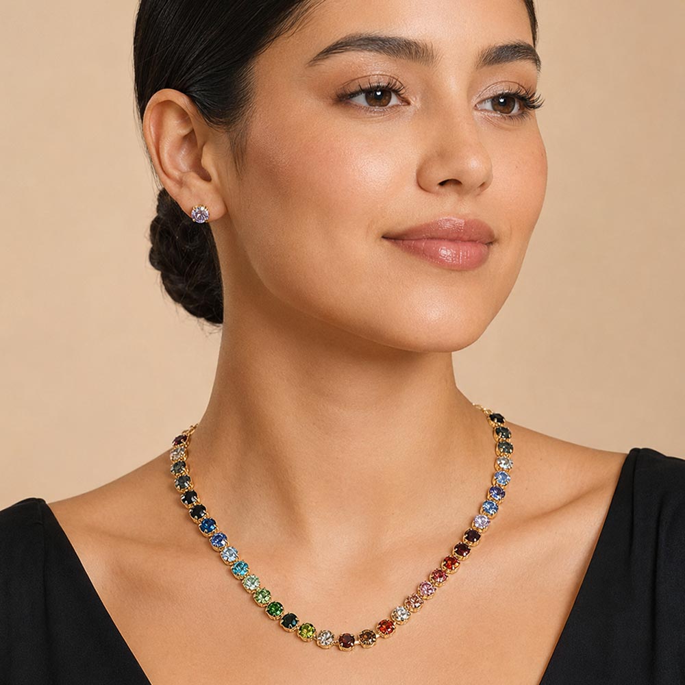 Madeline Love Gold, Multi Round Stone Cluster Link Tennis Chain Evening Necklace