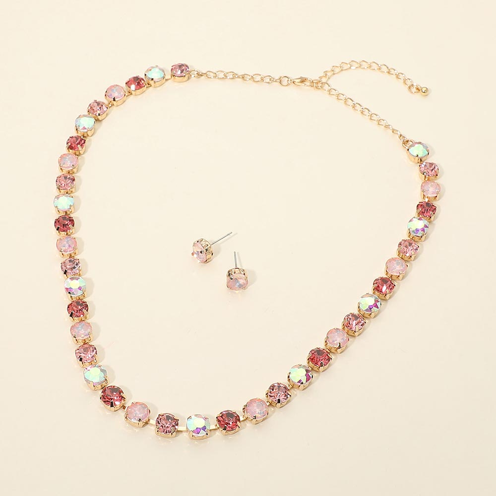Madeline Love Gold, Pink Round Stone Cluster Link Tennis Chain Evening Necklace